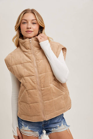 CORDUROY QUILTED PUFFER VEST: ECRU / M