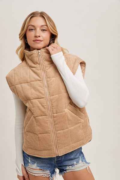 CORDUROY QUILTED PUFFER VEST: ECRU / L