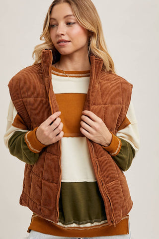 CORDUROY QUILTED PUFFER VEST: ECRU / L