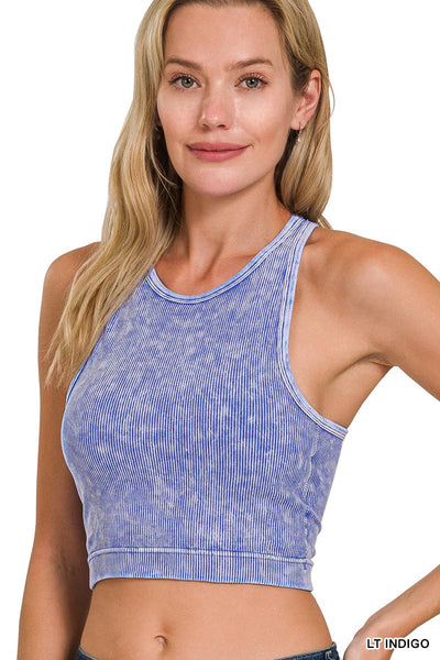 ....WASHED RIBBED SEAMLESS HIGH-NECK CROPPED TANK: S/M / MOCHA-162192