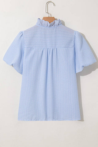 LDC Blue Striped Ruffle Short Bubble Sleeve Top