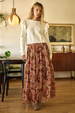 BOHO PAISLEY PRINT SMOCKED WAIST MAXI SKIRT: RED BROWN / L