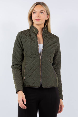 Quilted Classic Nylon Jacket with Faux Fur Lining: Olive / M