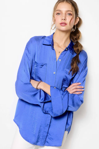 SRT7452-Silky and Flowy Button Down Long Sleeve Shirts: Khaki / M