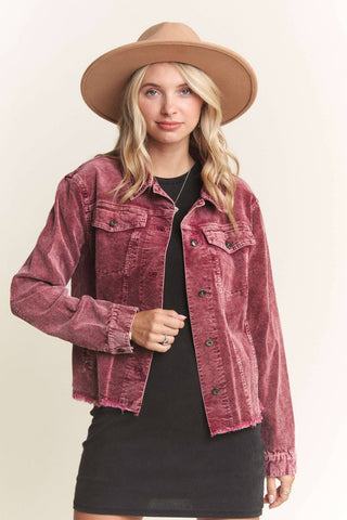 LEJ3662WN - FRAYED HEM CORDUROY JACKET: BURGUNDY / M