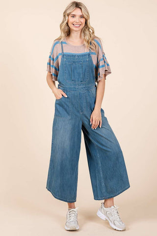 DENIM TIE BACK SLEEVELESS WIDE LEG OVERALLS