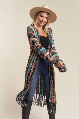 LESW3380- FRINGE HEM MULTI STRIPE CARDIGAN: BEIGE / M