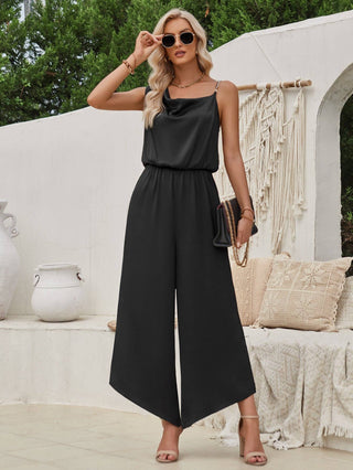 Solid Color Suspender Waist Wide Leg Jumpsuit: L / Apricot