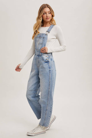 DENIM BARREL OVERALLS: DK.WASH / M