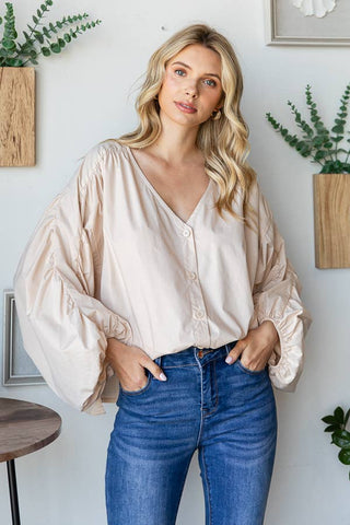 Loose Flowy Top with Ruched Sleeves