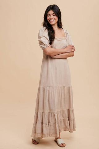 LACE INSET MAXI DRESS: LINEN / L