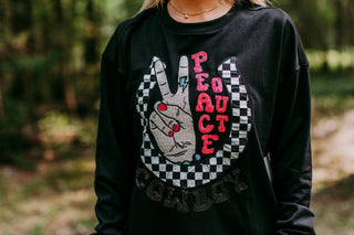 MK508 Peace Out Sequins&Checker Patches Sweatshirt: Black / L