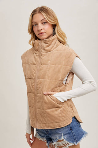 CORDUROY QUILTED PUFFER VEST: ECRU / M