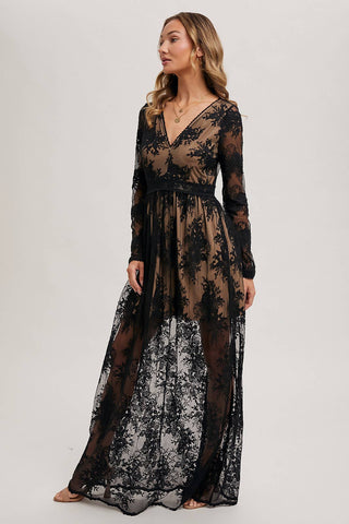 BOHO FLORAL LACE V-NECK MAXI DRESS WITH LINING: ECRU / M