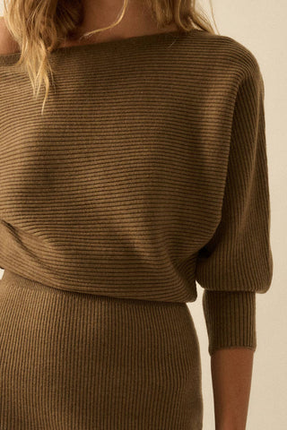 Rib-Knit One-Shoulder Dolman Midi Sweater Dress