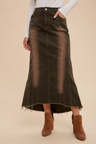 GARMENT WASHED CORDUROY MIDI SKIRT: DARK OLIVE / S