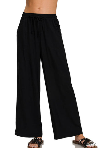 Wide-leg Linen Blend Pants With Pockets: 1-2-2-1 (S-M-L-XL) / LT MOCHA