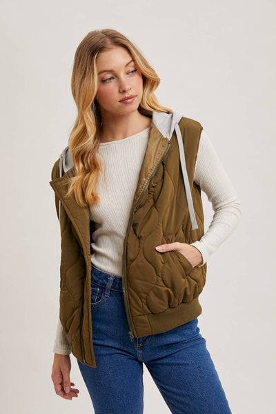 ZIPPER FRONT QUILTED PUFFER VEST CONTRAST HOODIE: ARMY GREEN / S/M