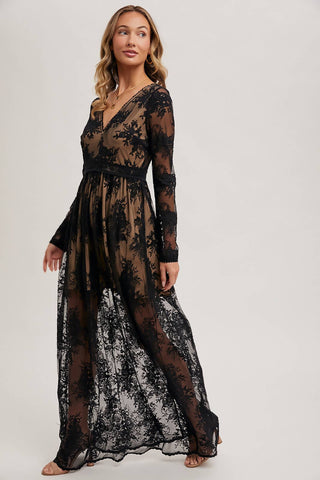 BOHO FLORAL LACE V-NECK MAXI DRESS WITH LINING: ECRU / M