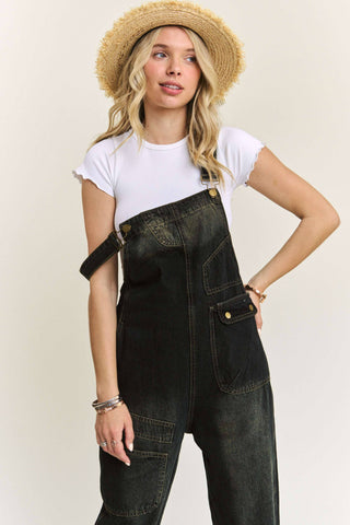 LEJP3648- WASHED DENIM CASUAL OVERALLS: DENIM BLACK / M