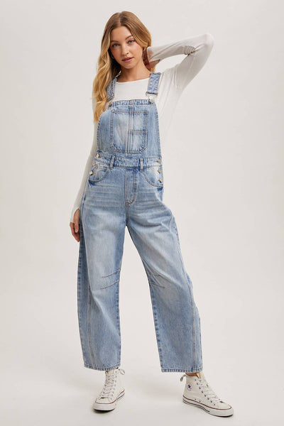 DENIM BARREL OVERALLS: DK.WASH / S