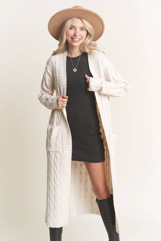 LESW3774 - CABLE KNIT COZY SWEATER CARDIGAN: NATURAL OFF WHITE / L