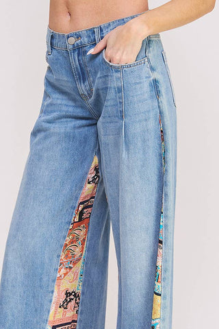 MID RISE PAISLEY PRINT PATCHWORK STRAIGHT LEG PANT: DENIM / L