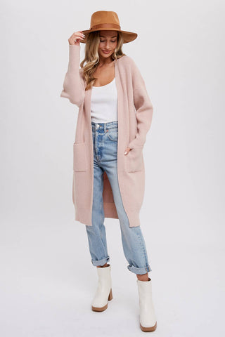 RIBBED OPEN FRONT CARDIGAN: BLUSH / M/L