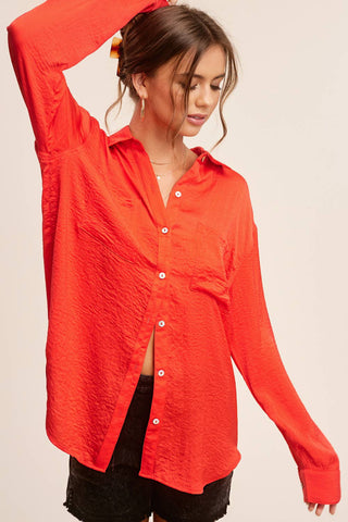 SRT7452-Silky and Flowy Button Down Long Sleeve Shirts: Khaki / M