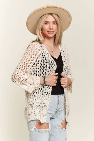 LET3546- CROCHET CARDIGAN WITH SCALLOP HEM: BEIGE / S/M