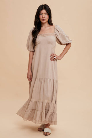 LACE INSET MAXI DRESS: LINEN / L