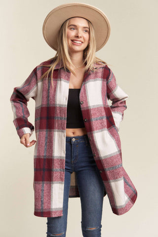 LEJ2587- PLAID SHACKET BUTTON DOWN SIDE POCKETS: PINK CHECK / M