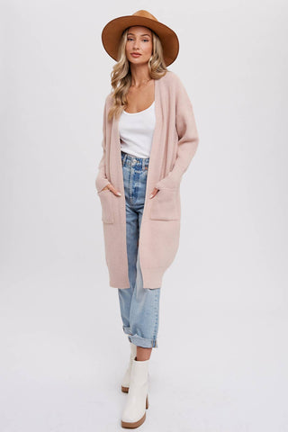 RIBBED OPEN FRONT CARDIGAN: BLUSH / M/L