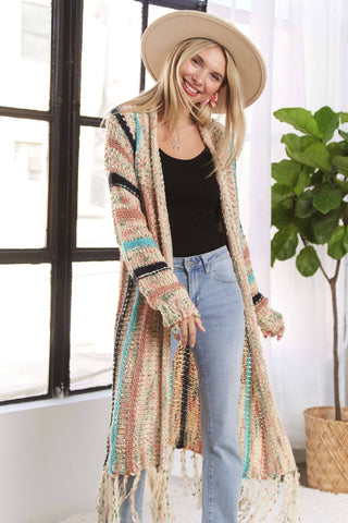 LESW3380- FRINGE HEM MULTI STRIPE CARDIGAN: BEIGE / M