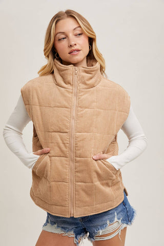 CORDUROY QUILTED PUFFER VEST: ECRU / M