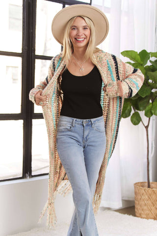 LESW3380- FRINGE HEM MULTI STRIPE CARDIGAN: BEIGE / M