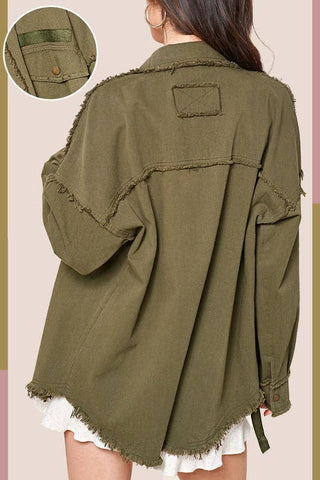 JKT1760-Loose Fit Cut Edge Snap Button Down Jacket: Olive / L