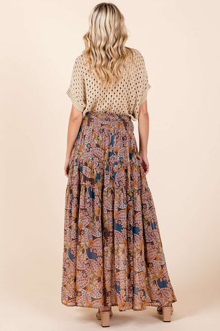 BOHO PAISLEY PRINT SMOCKED WAIST MAXI SKIRT: RED BROWN / L