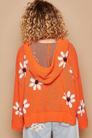 Hooded v-neck floral pattern ribbed openings sweater SALE: CHARCOAL / L