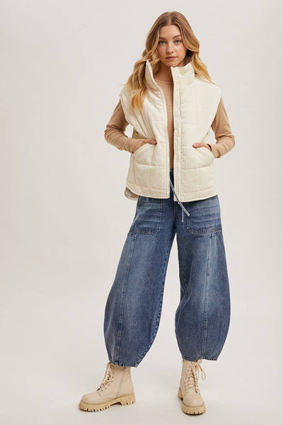 CORDUROY QUILTED PUFFER VEST: ECRU / S