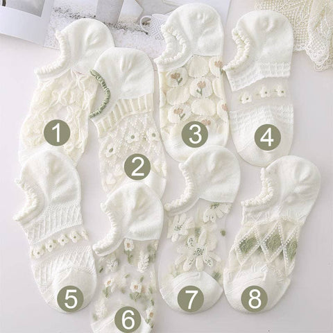 Rufia - White Floral Ankle Summer Socks: 8 / AVERAGE