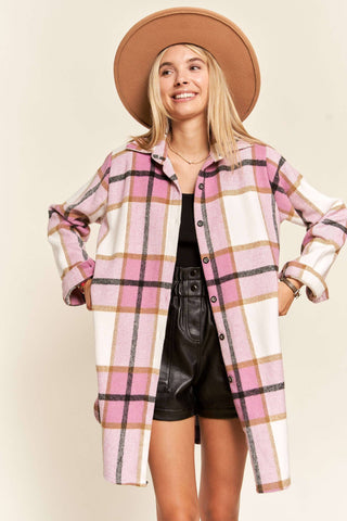 LEJ2587- PLAID SHACKET BUTTON DOWN SIDE POCKETS: PINK CHECK / M