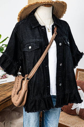 Western Fall Raw Edge Ruffle Short Sleeve Denim Jacket: As shown / Missy / XL