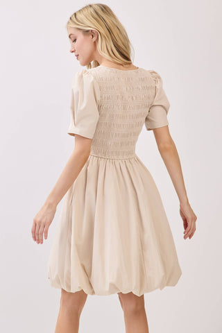 ROUND NECK SMOCKED BODICE SHORT PUFF SLEEVE DRESS - VD6101