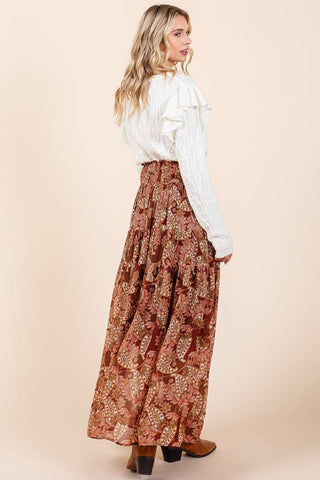 BOHO PAISLEY PRINT SMOCKED WAIST MAXI SKIRT: RED BROWN / L