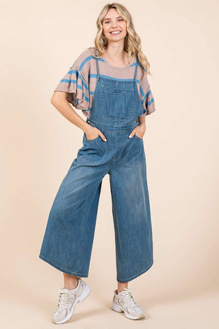 DENIM TIE BACK SLEEVELESS WIDE LEG OVERALLS