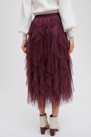 SPRIAL RUFFLED TULLE MIDI SKIRT: PLUM / M