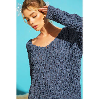 LOOSE POPCORN KNIT BOAT NECK PULLOVER