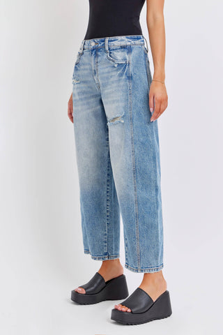 Mid Waisted Barrel Jeans with Side Panels WV79502BR-MD: 1