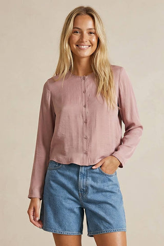 Cropped Button-up Blouse With Round Neckline
